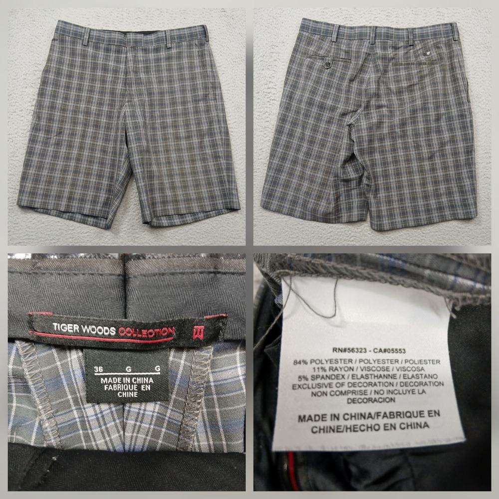 Tiger Woods Collection Golf Shorts Men 36 Gray Plaid‎ Stretch Flat Front